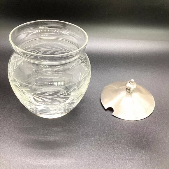1950s Mid Century Etched Decorated Crystal & Sterling Silver Jam Jar - Picture 4 of 5